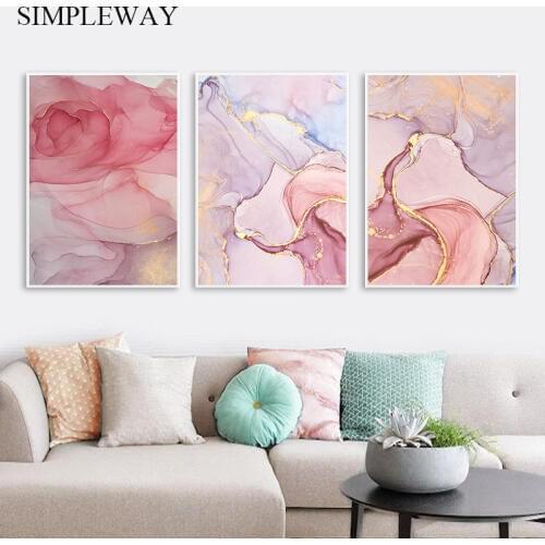 Pink Golden Marble Wall Poster Abstract Flower Canvas Art Print Painting Nordic Decorative Picture Modern Style Home Decoration