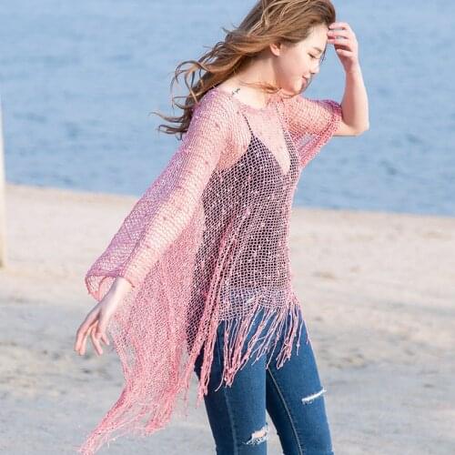2021 summer new hollow tassel beach wrap cloak womens sexy coverup swimwear blouse shawl sunscreen Solid plus size