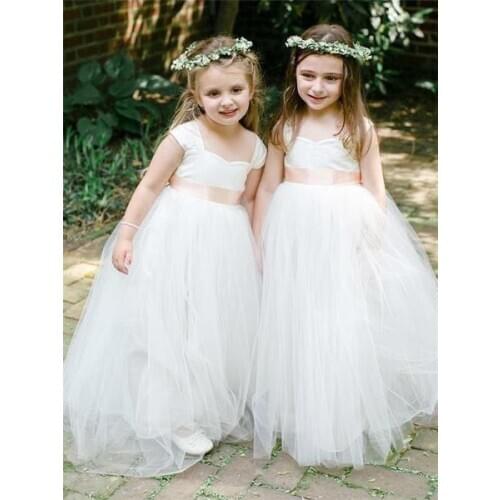 Whte Simple Flower Girls Dresses Cap Sleeve Tulle Flower Girls Dress Tulle Bottom