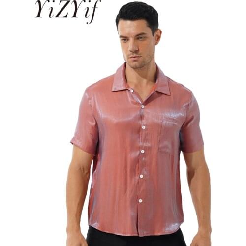 Mens Fashion Glossy Shirt Turn-down Collar Short Sleeve Shirt Loose Solid Color Button Down Tops with Pocket Male Formal Tops