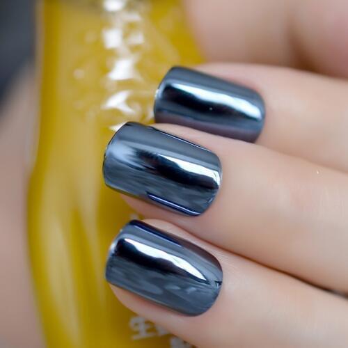 Reflective Mirror Blue Gray Metal Plating False Fake Nails Navy Blue Acrylic Metallic Square Nail Art Tips Without Nail Glue