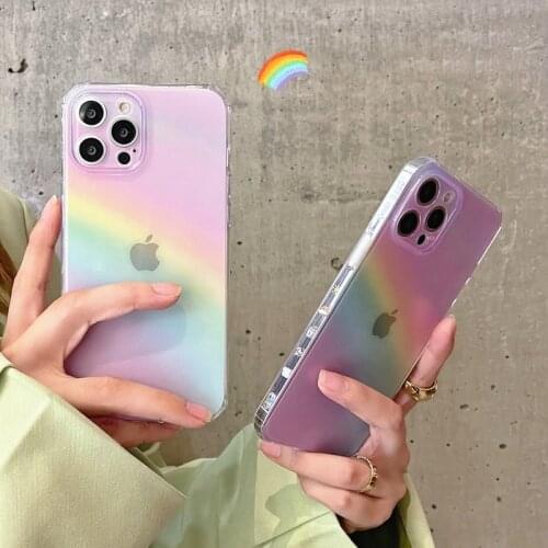 Colorful Pink Rainbow Transparent Phone Case For iPhone 12 11 Pro Max Mini X XS XR 7 8 Plus SE 2020 Cute Side Fashion Soft Cover