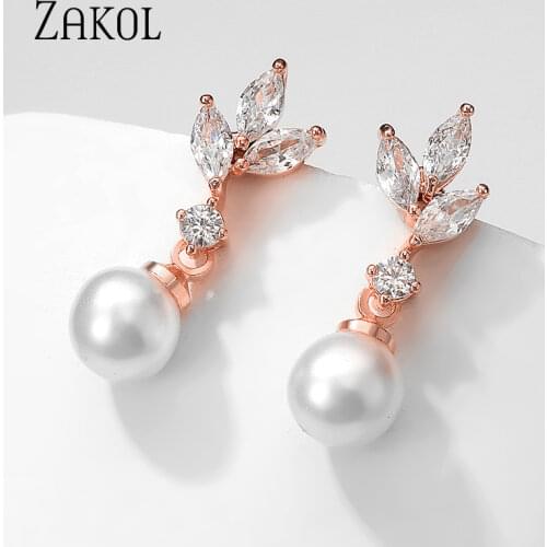 ZAKOL Elegant Wedding Engagement Jewelry for Women Gifts Classic Cubic Zirconia Pearl Earrings FSEP2438