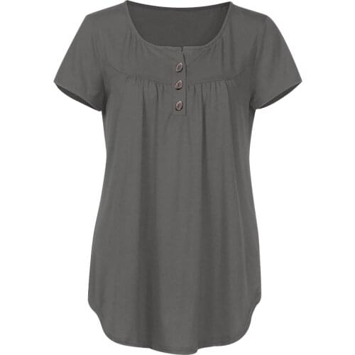 Women Casual Harajuku T-shirt Short Sleeve Tops Summer Solid V Neck Clothes Button Pleated Vintage Clothes Tee Dropshipping P1