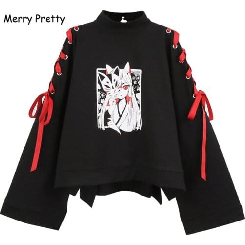 2020 New Japanese Oversized Black Hoodie Women Harajuku Kawaii Comic Cropped Sweatshirt Lace Up Cool Gothic Hoodies Pullover