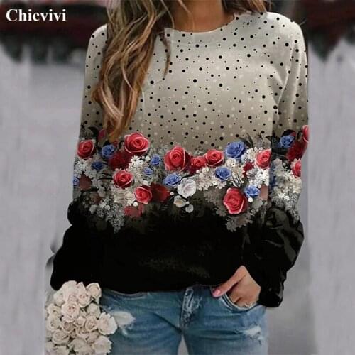 2021 Floral Print Womens Tops O Neck Full Sleeve Casual Hoodie Sweatshirts Spring Autumn Oversized Loose Pullover Top
