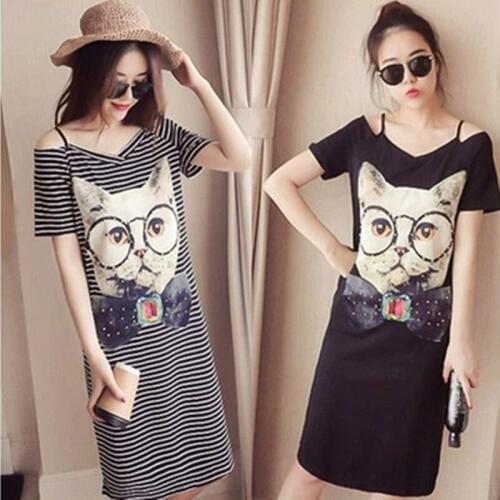 2019 New Summer Dress Fashion Trendy Casual Print Large Size Loose Thin Strapless V Collar Short Sleeve Women Dresses ZW119