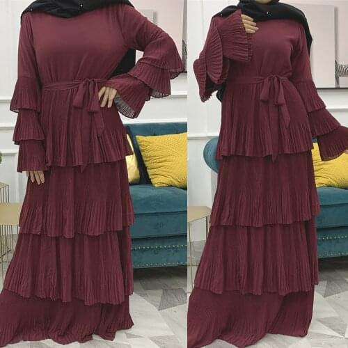 Muslim Women Tiered Dress Elegant Party Pleated Ruffle Layered Dress Abaya Maxi Robe Flare Sleeve Ramadan Islamic Floor Length