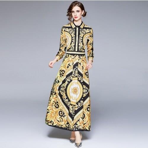 New 2021 Women Autumn Elegant Full Sleeve High Waist Single-Breasted Robe Ladies Yellow Vintage Pattern Print Maxi Shirt Dresses