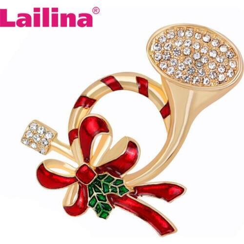 Winter Christmas Women Trumpet Brooches Female Bowknot Leaf Clear Crystal Alloy Pins Accessories decoration