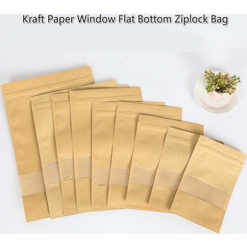 100pcs 9sizes High Definition Transperent Kraft Paper Window Flat Bottom Zipper lock Bag Tea Snacks Food Fruit Tea Packaging