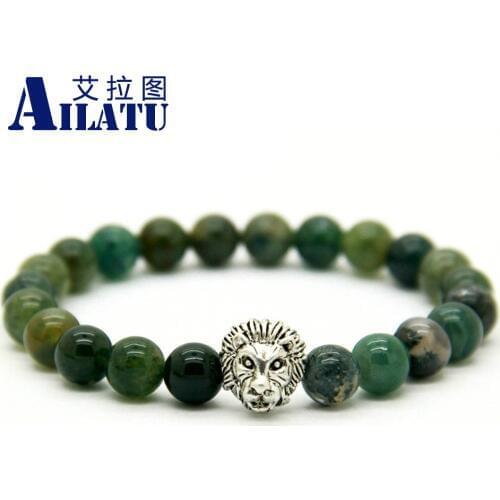 Ailatu Fashion Masculinas Natural Aquatic Stone Lion Head Bracelet Women Pulseras Hombre Bracciali Mens Elastic Bead Jewelry