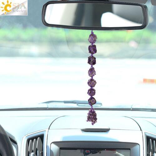 CSJA Natural Stone Car Hanging Decoration Crystal Quartz Braided Rope Wrap Tumbled Bead Reiki Handmade Craft Decor for Home G203