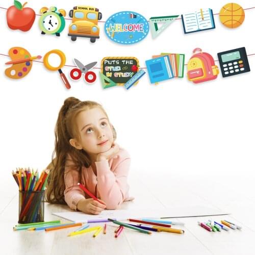 Kids School Season Welcome Back To School Party Paper WELCOME BACK Stationery Ruler Pencil Sharpener Book Shape Hanging Banners
