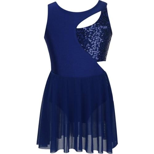 Kids Girls Sleeveless Asymmetrical Ballet Dance Leotard Dress Shiny Sequins Keyholes Figure Ice Skating Roller Skating Costume