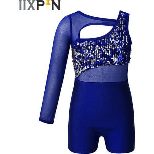 Kids Dancewear Ballet Leotards Girls Mesh Sleeved Shiny Sequin Dance Unitards Cutout Ballet Dance Gymnastics Leotard Jumpsuit