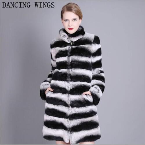 90CM Luxury Whole Skin Natural Chinchilla Fur Coats Stand Collar Striped Women Real Rex Rabbit Fur Long Jacket Winter Thick Coat