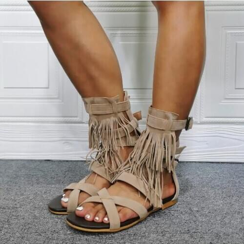 Drop Shipping Girls Light Gray Color Casual Flat Sandals Boots Cuts Out Three Buckles Tassel Fringed Cover Heel Short Boots