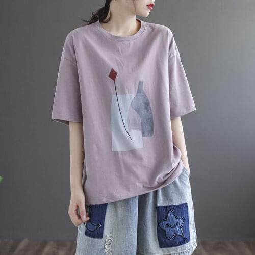 Cotton Crew Neck Print Short-Sleeved T-shirt Womens Summer New Artistic Casual Loose Plus Size T-shirt Top