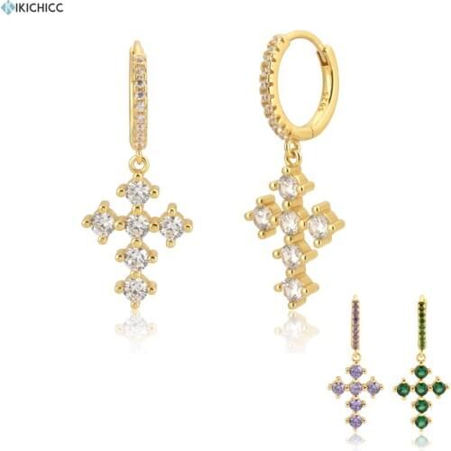 Kikichicc 2020 925 Sterling Silver Clear Zircon Cross Dangle Cross Pendiente Drop Earring Piercing Luxury Jewelry For Women