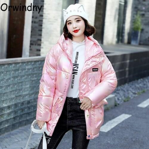 Orwindny Fashion Cute Women Bright Pink Jacket Winter Warm Coats Shiny Parkas Zipper Jackets Waterproof Long Clothing Hooded