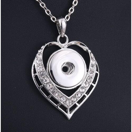 New White Rhinestone Snap Button Necklaces Link Chain 60CM With Heart Pendant Fit 18/20MM Snap Button Jewelry 9889