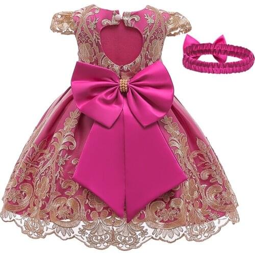 Big Bow Dress for Girls Infant Toddler Dresses for Girls Flower New Rose Red Dress+Girl Headband Gift Baby Princess Costume