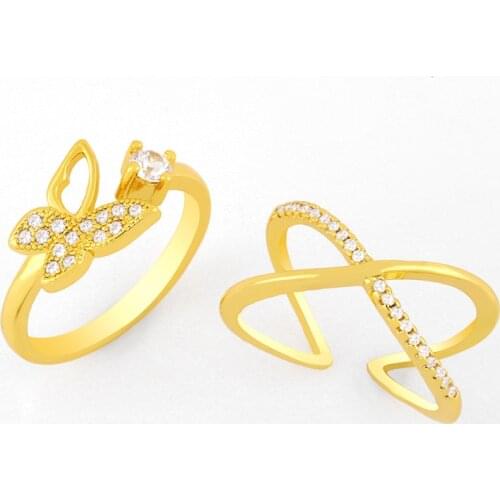 FLOLA Gold Plated Butterfly Rings For Women Crystal Open Cuff Finger Ring Adjustable CZ Cubic Zirconia Wholesale Jewelry rigK23