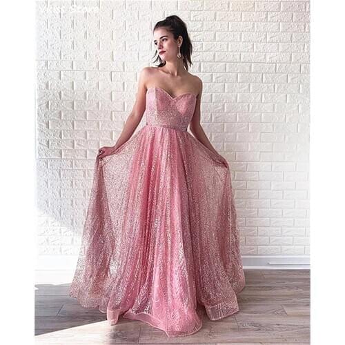 Pink Prom Dress A-line Sexy Strapless Sweetheart Neck Backless Sleeveless Floor Length Sequin Tulle Evening Dress فساتين السهرة