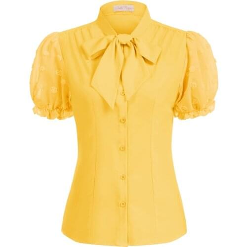 Belle Poque Summer Shirts Vintage Women Bow-Knot Decorated Shirt Short Sleeve Stand Collar Tops Patchwork Elegant Fashion Ladies