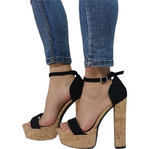 Wooden Chunky Heels Platform Sandals White Black Buckle Strap Patchwork Gladiator Shoes Women Summer Dress Pumps Plus Size 47