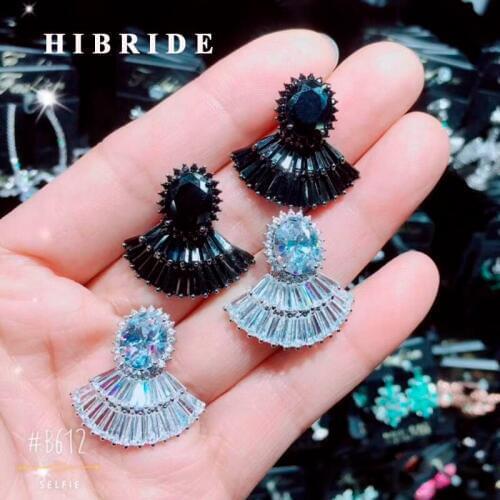 HIBRIDE New Arrival AAA CZ Fan Shape White Gold Color Brincos Pendientes Earring Beautiful Anniversary Drop Earrings Gifts E-776