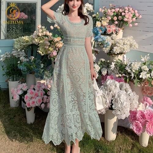 SMTHMA 2021 New Arrival Elegant Lace Hollow Out Short Puff Sleeve Summer Dresses Women O-Neck Floral Holiday Mermaid Midi Dress