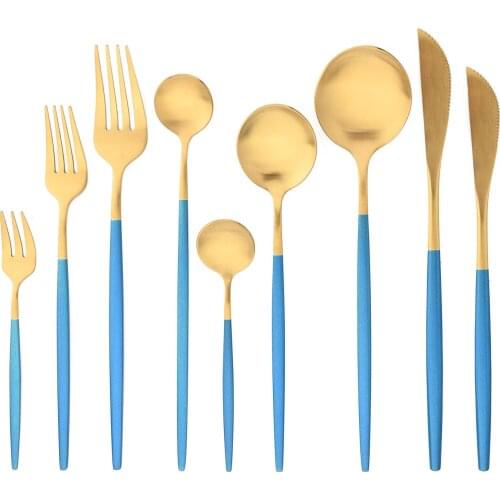 JANKNG Blue Gold Stainless Steel Cutlery Set Matte Flatware Knifes Forks Spoons Dinnerware Tableware Silverware Set Dropshipping
