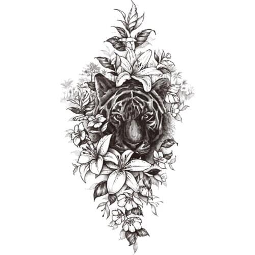 Tiger King Waterproof Temporary Tattoo Sticker Black Narcissus Flowers Design Fake Tattoos Flash Tatoos Arm Body Art for Women