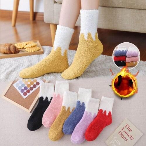 Thick Coral Fleece Winter Women Cute Socks Multicolor Warm Middle Tube Cold Resistance Female Girls Plush Sleep Floor Sox