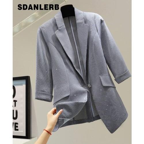 Retro Houndstooth Thin Suit Coat 2021 Summer Korean Style Slimming Blazer Rhinestone Waist-Tight Mid-Sleeve Suit Jacket