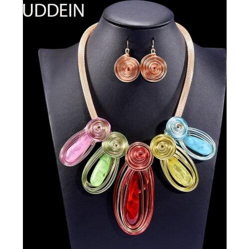 UDDEIN Bohemian Handmade Alloy Wind Big Resin Gem Necklace & Pendant Gold Snak Chain Vintage Collar African Necklace Earring Set