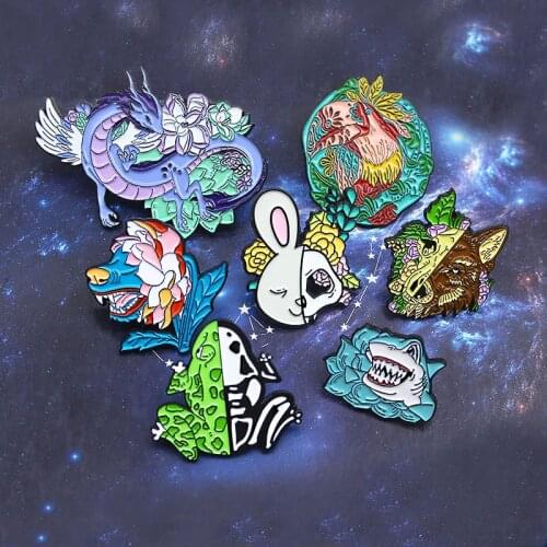 Colorful Flowers plants Animal Enamel Pins Skull Skeleton Shark Wolf Parrot Dragon Rabbit Dog Frog Brooch Gothic Badge Jewelry