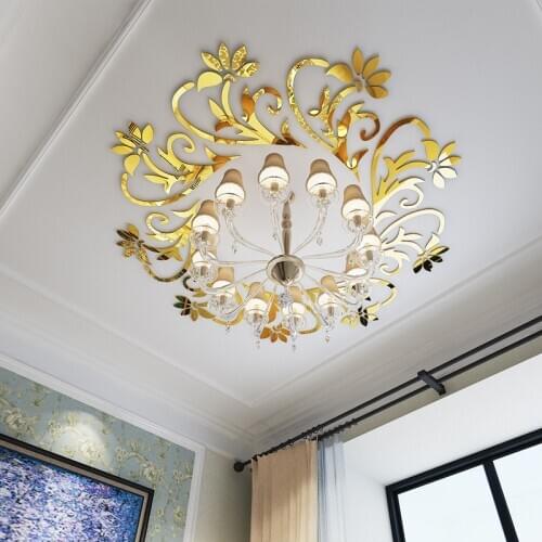 Mirrored ceiling chandelier decoration Flower Vine Acrylic Self-adhesive 3D Wall Sticker gold sliver Ceiling light deco sticker
