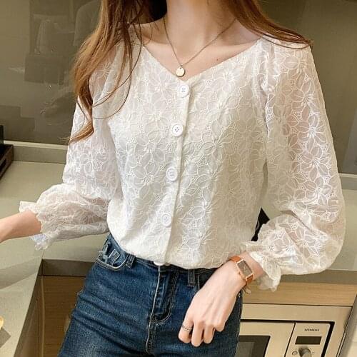 T-shirts Women French Lace Long Sleeve 2021 New Spring Summer Autumn Women Casual Hollow Out Blouse Fashion V-Neck C2381