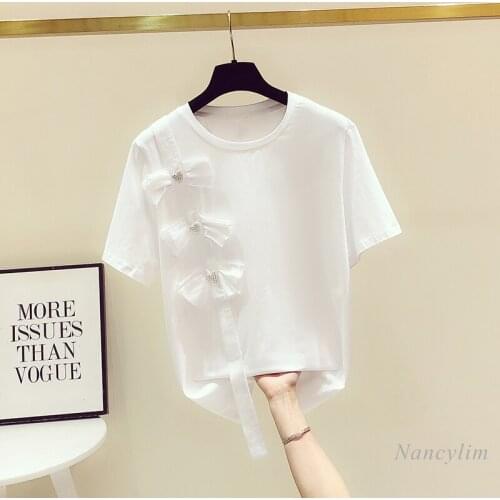 Three-Dimensional Bow Decoration Patchwork Short Sleeved T-shirt Female 2021 Summer New Sweet All-Matching Loose Crew Neck Top