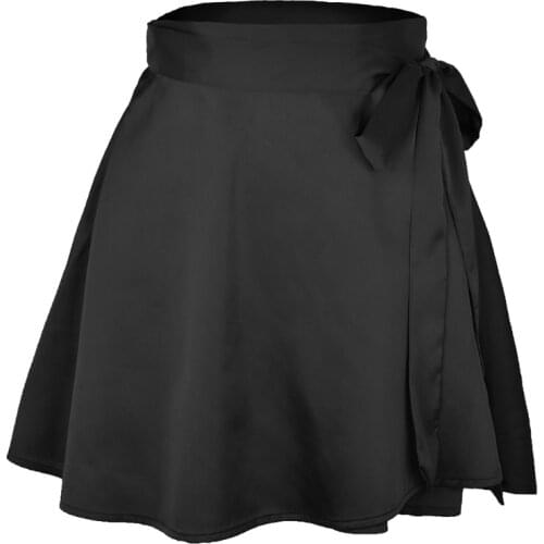 Women High Waist Chiffon Satin Wrap Pleated Mini Skirt Tie Side Solid Color Flared Asymmetrical Hem A-Line Streetwear