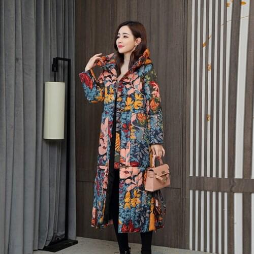 Female Jacket Plus Size Womens Winter Parkas X-Long Printing Loose Hooded Single Breasted Stand Collar Casual Thick Coat Ladies