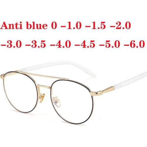 Women Round Spectacles Double beam Glasses Fashion Anti Blue Ray Clear Lens Metal Frame Eyeglasses 0 -1.0 -2.0 To -6.0