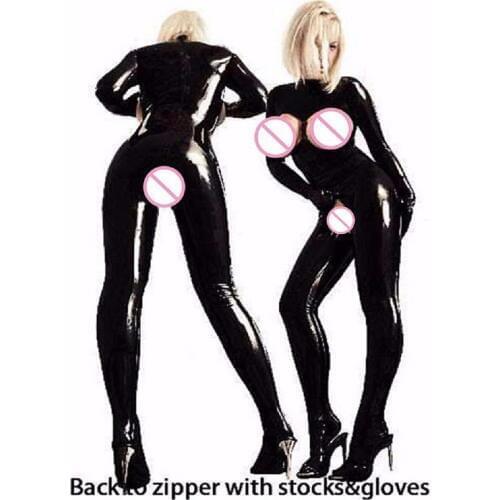 Sexy PVC Latex Catsuit Women Black Wetlook Faux Leather Open Bust Bodysuit Open Crotch Jumpsuit Gay Pole Dance Costume Clubwear