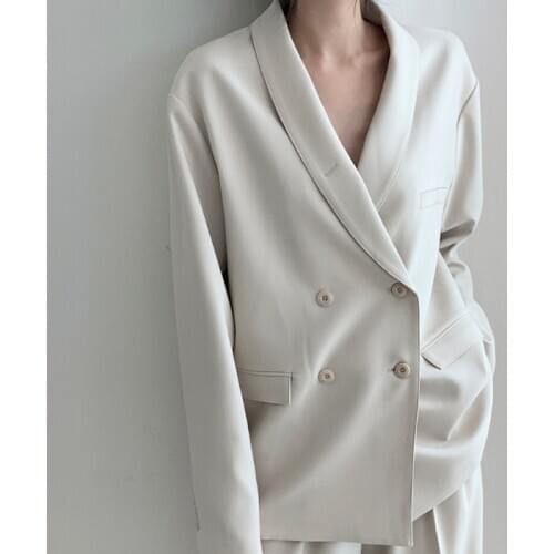 Loose Women Blazer Sets Double-breasted Jacket & Wide Leg Pants 2021 New Fashion 2 Piece Pant Suits Female