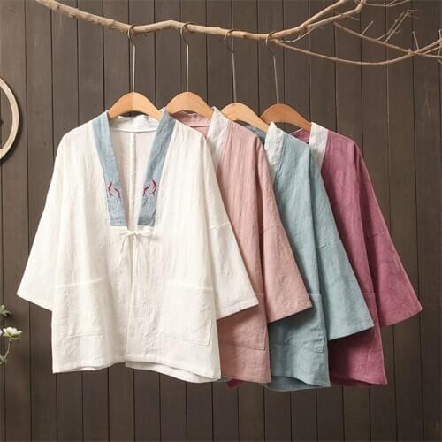 Woman Traditiona Chinese Style Clothing Cardigan Women Shirt Vintage Embroidery Coats and Jackets with Pockets Oriental Top