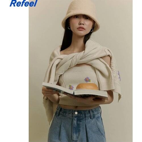 Women Chic Beige Floral Appliques Vintage Knitted Cardigans V Neck Loose Jackets Casual Y2K Female Sweater