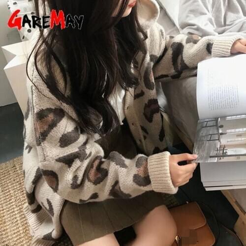 Womens Knitted Cardigan Leopard Print Sweater Oversized New Casual Jumper 2020 Autumn Winter Thick Sweater Women